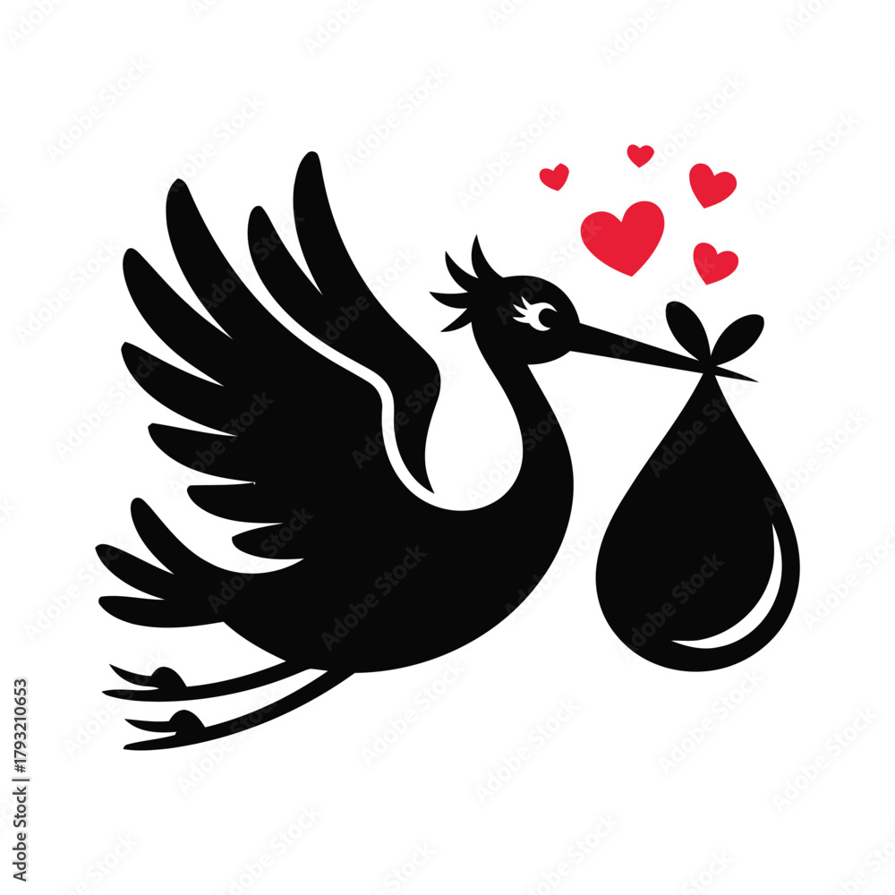 Fototapeta premium A stork carrying a baby in a bundle with hearts symbolizes new life and birth.
