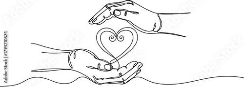Continuous line heart, hands holding love, minimalist compassion design, emotional connection, elegant vector, care symbol, support gesture, outline art
