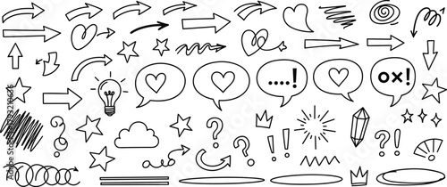 Collection of doodle elements including arrows, stars, hearts, light bulbs, question marks, exclamation points, speech bubbles and crowns