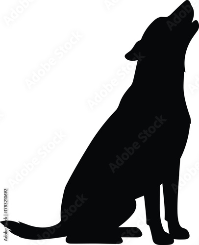 Dog silhouette sitting pose, upward gaze gesture, minimal pet design, black outline, howling posture, expressive canine moment, white background