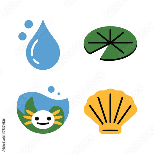 A collection of four simple, colorful icons representing aquatic life and elements.