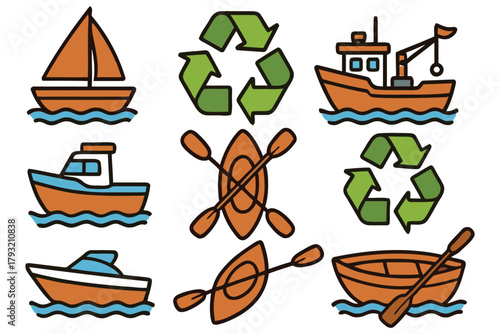 Collection of illustrated boats and recycling symbols on blue water