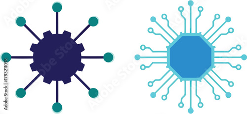 Ai machine learning network icons: data processing gear & circuit chip technology