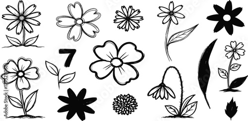 Versatile hand-drawn floral design elements showcasing a unique assortment of flower and leaf illustrations, perfect for crafting whimsical decorations and adding natural charm