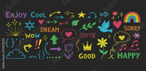 Vibrant collection of hand-drawn doodle elements and expressive typography, featuring playful arrows, hearts, stars, flowers, and uplifting words on a dark background for creative designs