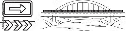 Road signs illustrations depicting direction and bridge over river