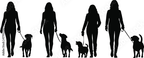 Dog walking silhouettes, leash pose variety, black outline, minimal art, pet lifestyle, human-animal bond, outdoor gesture, companion scene