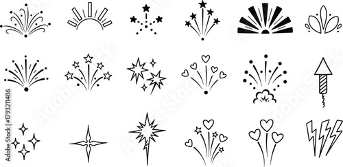 A captivating collection of festive firework and sparkling burst icons, ideal for celebrating holidays, special events, and joyful occasions with a dazzling visual spectacle