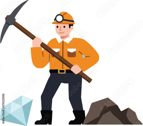 Miner holding pickaxe mining diamond gemstone rock in orange outfit vector illustration 