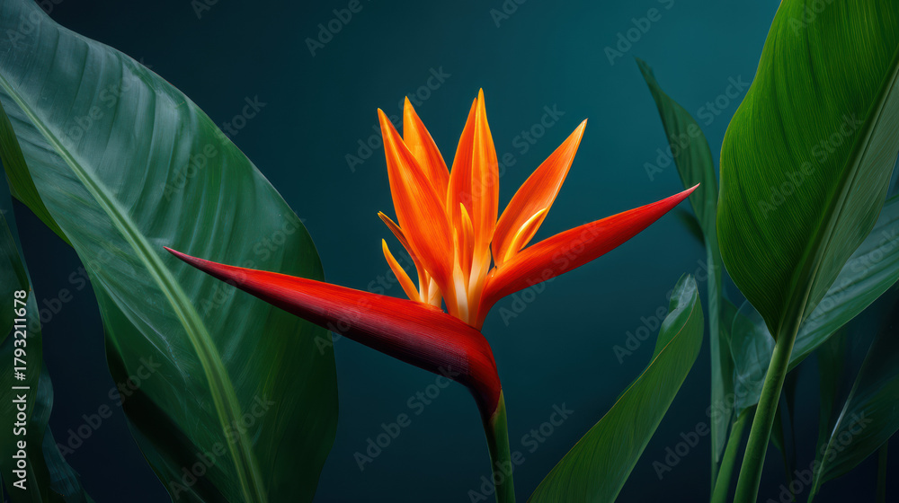 Obraz premium An exquisite close up view captures the vibrant orange and red hues of a Bird of Paradise flower surrounded by lush green leaves against a dark teal backdrop.