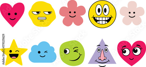 A vibrant assortment of cute cartoon characters based on simple shapes, each displaying a unique facial expression and emotion