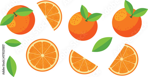 Orange fruit vector, whole and sliced citrus, green leaves, juicy texture, fresh food design, cartoon style, vitamin C icon