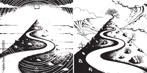 Winding Road Illustration, Hilltop Journey, Black and White Graphic Design
