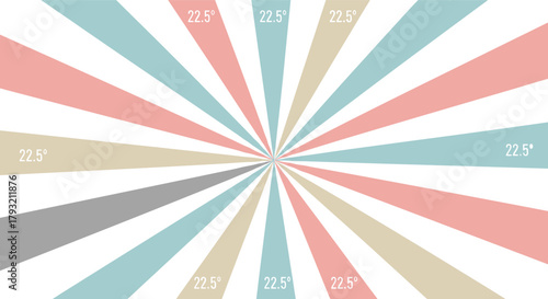 Radial diagram vector, 16 sector circle, 22.5 degree segments, angular measurement graphic, colorful geometry chart, educational math illustration