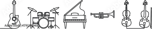 Music Instruments Line Art Icon Set - Guitar, Drum, Piano, Flute, Trumpet, Violin, Microphone Vector Icons