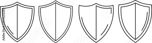 Shield vector set, symmetrical line variation, pattern recognition icon, black and white design, minimal style, visual puzzle, abstract emblem