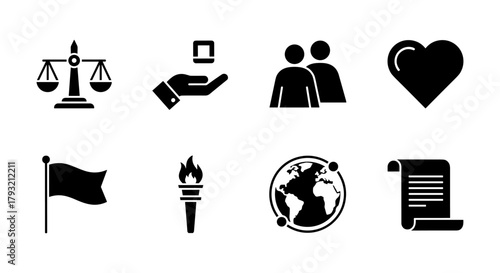 Collection of black silhouette icons: justice, people, love, global, history, leadership
