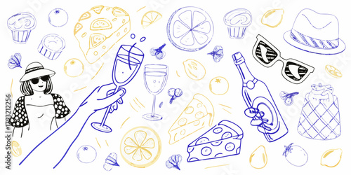 A woman in a hat and sunglasses enjoys a celebratory toast with champagne surrounded by summer party elements