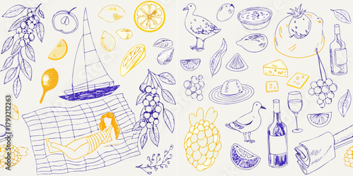 Whimsical hand drawn illustration of a summer picnic with fruits cheese wine and a person relaxing by a sailboat