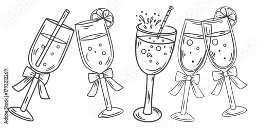 Collection of hand drawn champagne glasses with bubbles and bows for celebrations and parties