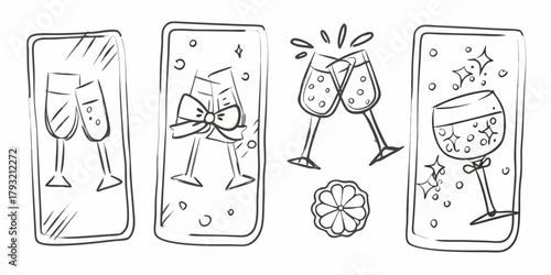 Hand drawn sketch of champagne glasses clinking and celebrating with bubbles and sparkles