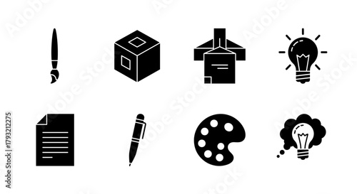 Creative tools icons: silhouettes of design and innovation elements for artistic projects