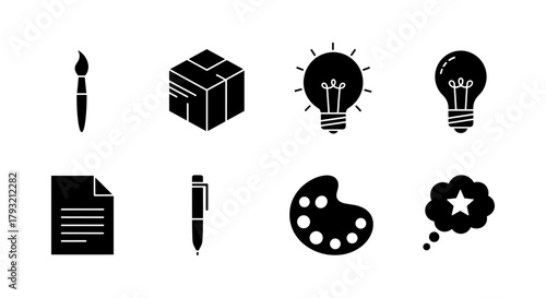 Creative tools and ideas icons: art, design, and innovation