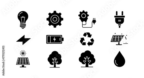 Sustainable energy and eco icons in minimalist black silhouette style