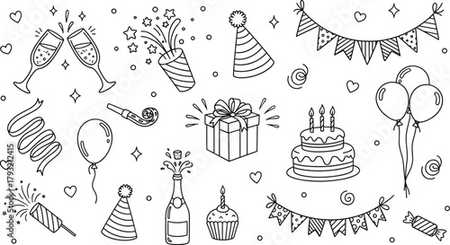 Celebration Icons Set with Cake, Gift, Champagne, Balloons for Party