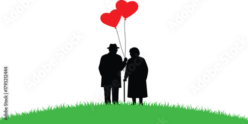 Elderly couple, love silhouette, heart balloons, grassy hill, romantic moment, senior affection, companionship, coat, cane, contrast, timeless emotion