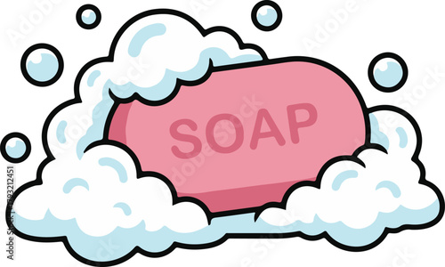 Pink bar of soap generating abundant foam, bubbly cartoon vector illustration