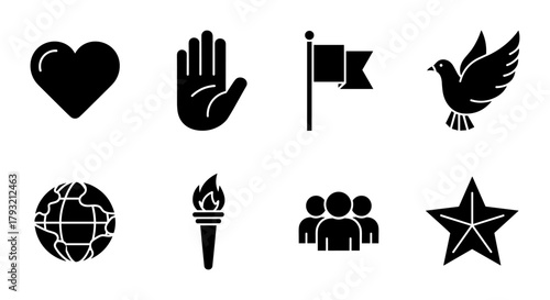 Silhouette icons representing peace, unity, and hope