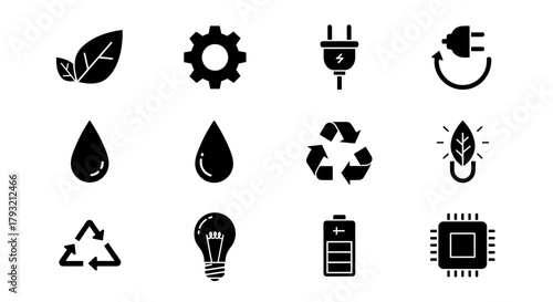Set of eco-friendly icons featuring recycling, clean energy, and sustainability elements