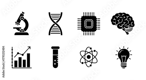 Science and technology icons: microscope, dna, microchip, brain, chart, test tube, atom, light bulb