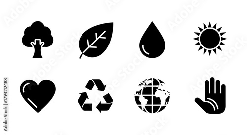 Black silhouette eco icons: environment, nature, and sustainability set