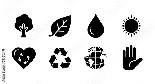 Eco icons set: nature, sustainability, and environmental symbols