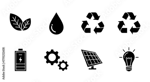 Eco-friendly icons set: sustainability and renewable energy symbols