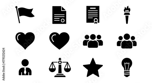 Simple silhouette icons of community, law, and motivation elements