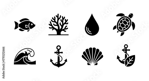 Nautical icons: marine life and ocean elements in bold silhouette