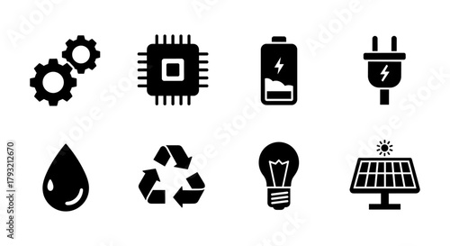 Silhouette icons of technology and energy: gears, circuit, battery, plug, water, recycling, bulb, solar