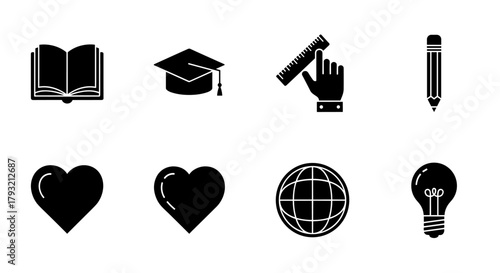 Education and innovation icons: graduation cap, heart, globe, and lightbulb in black silhouette design