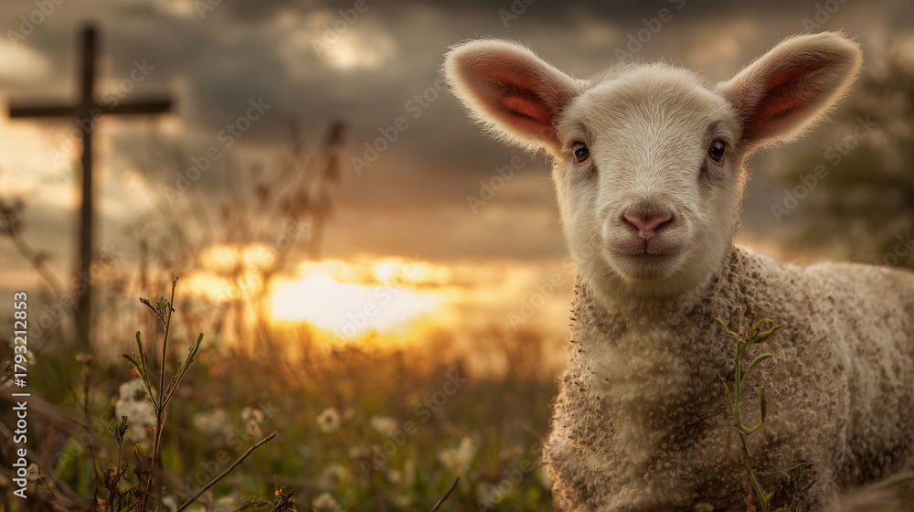 Obraz premium Concept of resurrection of jesus christ lamb of god in front with cross in background and sunset 