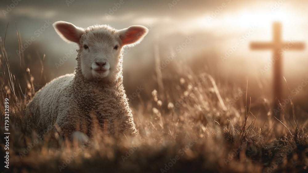 Obraz premium Concept of resurrection of jesus christ lamb of god in front with cross in background and sunset 