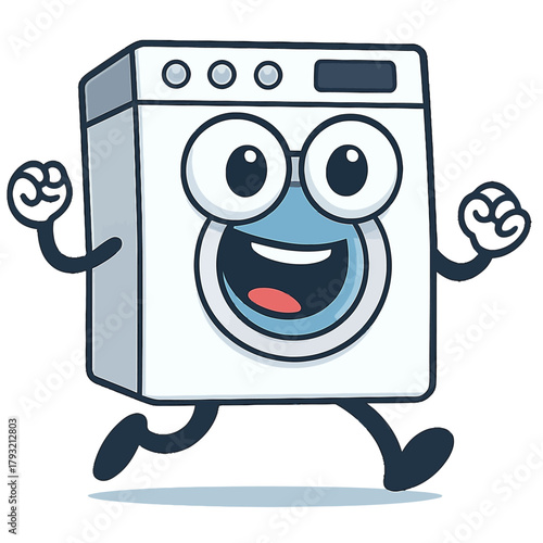 Cartoon washing machine character with big smiling eyes and arms raised, running joyfully in comic style, symbolizing cleanliness and energy. Mascot character. Vector, transparent background