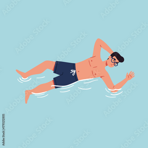 Man Swimming in Blue Water in Swimming Trunks with Glasses Vector Illustration 