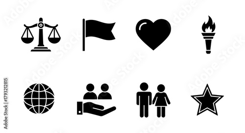 Black icon set representing justice, patriotism, love, achievement, global, community support, partnership, and excellence