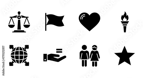 Set of silhouette icons: justice, love, unity, globalization, equality, partnership, inspiration