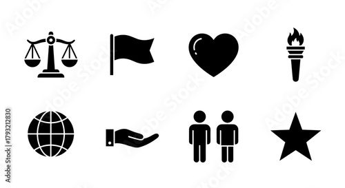 Minimalist icons set: balance, heart, hand, globe, flag, torch, star, people