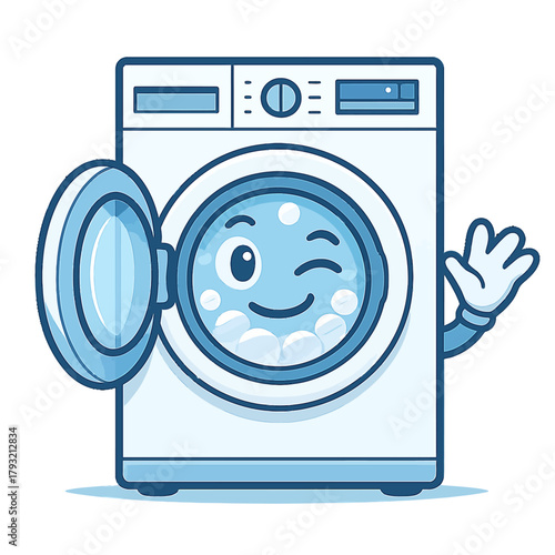 Cartoon washing machine character with smiling face, bubbles, winking and waving hand in a blue outline style, symbolizing cleanliness and laundry. Mascot character. Vector, transparent background
