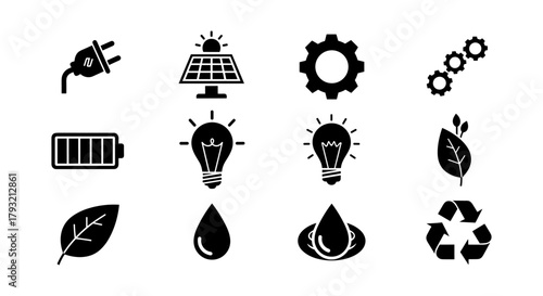 Eco-friendly symbols: renewable energy and sustainability icons set